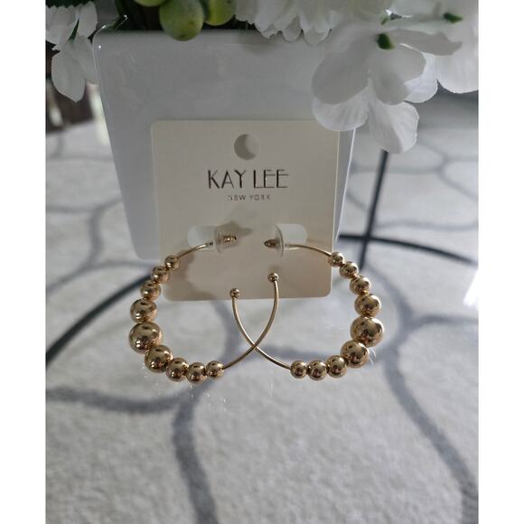 Kay Lee Gold Beaded Hoop Earrings New - Picture 1 of 3